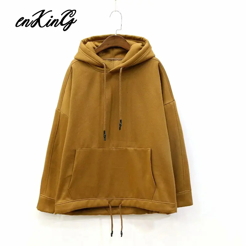 Brown BTS oversize hoodie Sweatshirts hooded Cashmere loose kangaroo solid hooded fashion Women's hoodie tops plus size - Цвет: Brown