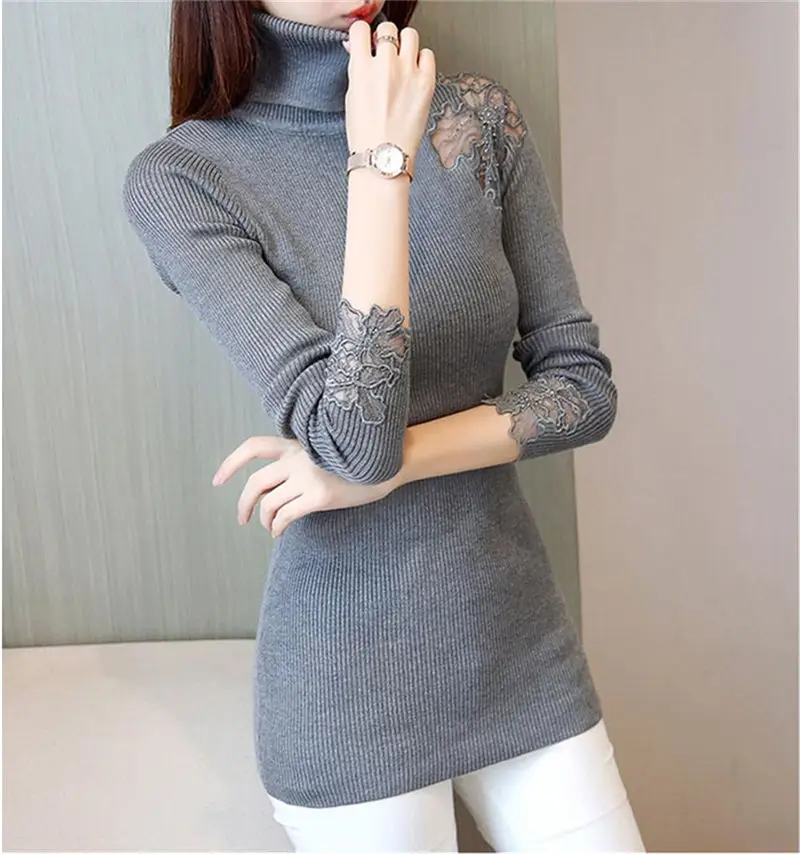 

Korea Autumn Winter Solid Turtleneck Pullovers Sweaters Women Gray Embroidery Lace Hollow Knitted Slim Sweater Female Tops
