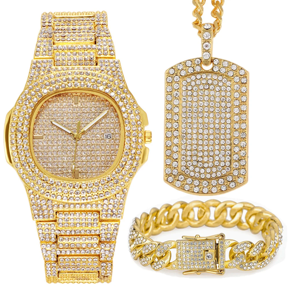 Watch Necklace Bracelet for Men 3pcs/set Luxury Iced Out Watch Men Bling Cuban Chains Square Pendant Gold Mens Watches Relojes