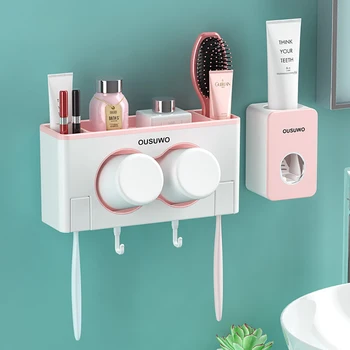 

Toothbrush Holder Wall-Mounted Space-Saving Toothbrush and Toothpaste Squeezer Kit , Automatic Toothpaste Dispenser and 2 Cups