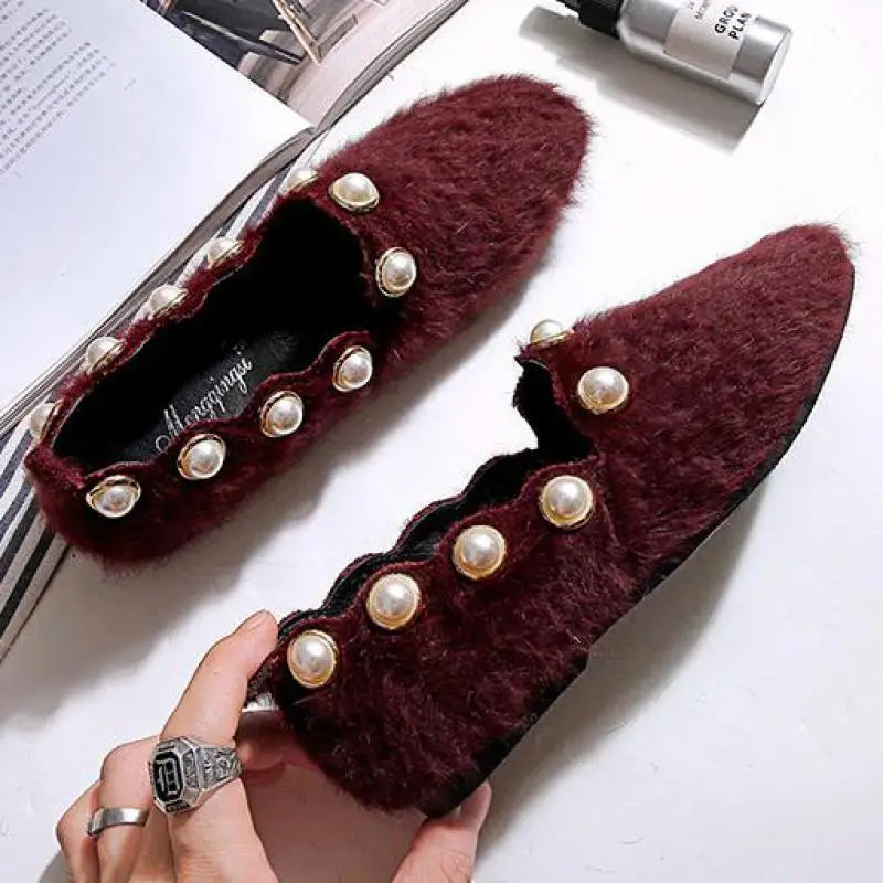 

Womens Pearl Flats Fur Loafers Square Toe Slip-on Casual Shoes Fashion Woman Breathable Comfortable Flat Ballerina Shoes Black