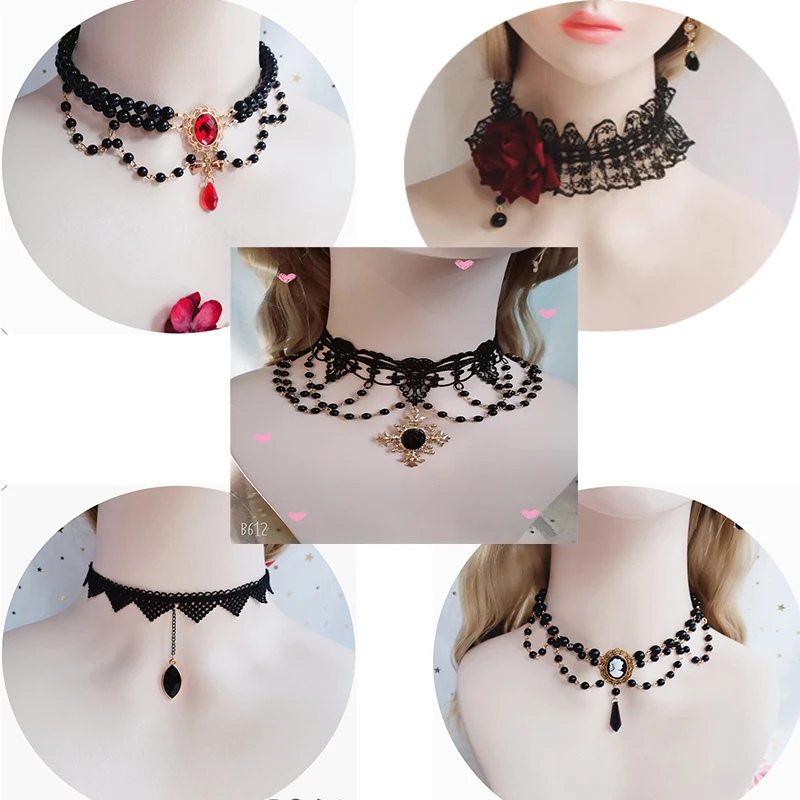 

Handmade Gothic Vintage Lolita Choker Style Pendants Multilayer Black pearl Lace Rose Flower Gem Necklace Collarbone Chain Prop