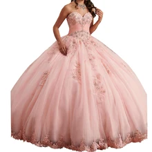 Элегантные длинные платья для выпускного вечера прелестная аппликация Тюль сладкий 15 16 платье вечерние бальные платья розовый Дебютант пышные платья