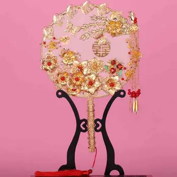 

3D Flowers Double-Sided Hand Fan Chinese Hanfu Women Hand-Fan Round Handle Fan Bridal Wedding Costume Photography Fans Gifts