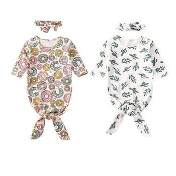 

Newborn Girls Printed Jumpsuit + Headband Sets Infant Donuts Cactus One Piece Cartoon Footed Bodysuit Pajamas Clothes