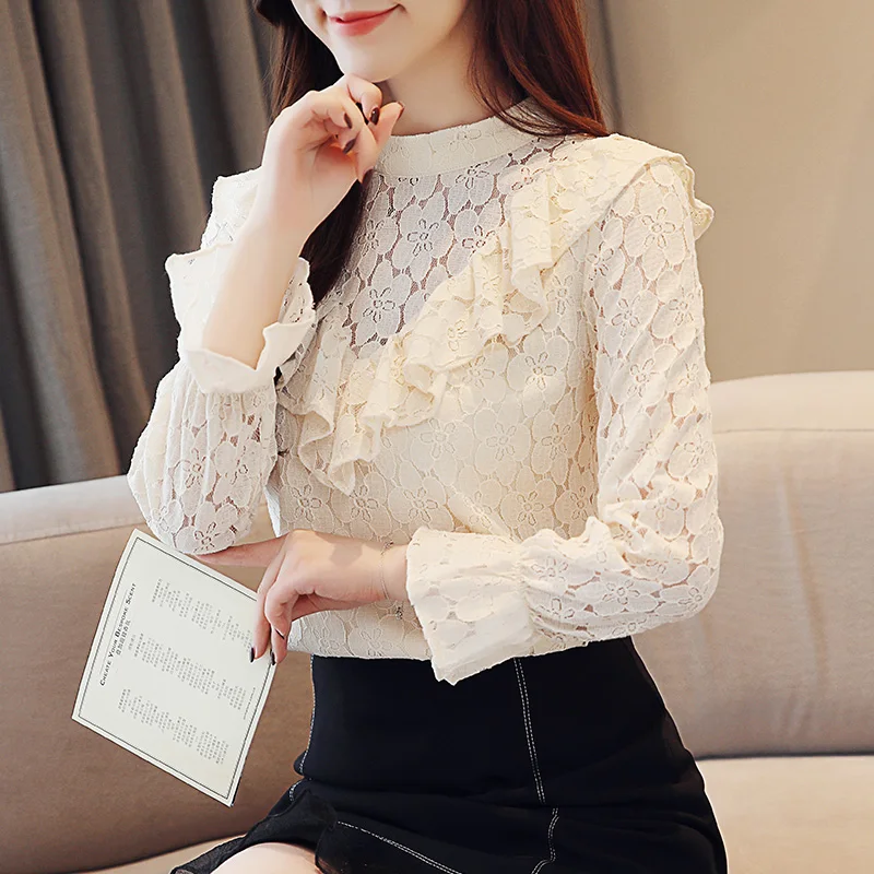 

COIGARSAM Brief blouse women New Spring Korea Style Office Lady Ruffles Full Sleeve Chiffon blusas womens tops and blouses 9240