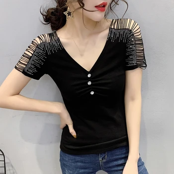 

Summer Fashion Korean Clothes T-shirt Sexy V-Neck Off Shoulder Diamonds Women Tops Ropa Mujer Cotton Shirt Tees 2020 New T03203