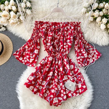 

2020 Boho style off shoulder sexy floral print Jumpsuit lace up Women Short Summer high waist Playsuit flare sleeve Beach Romper