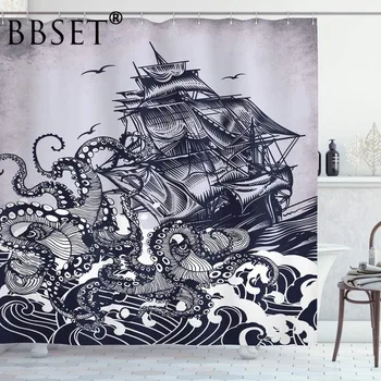 

Nautical Shower Curtain Kraken Octopus with Ship Bath Curtain for Bathroom Waterproof Multi-size Printed Cortina De Bano