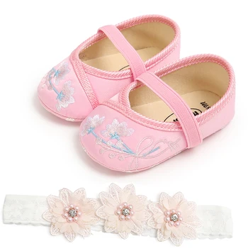 

1 Pair Baby Girl Infants Embroidery Floral Pattern Princess Shoes Lace Flower Headwear Headband Photography Props Set
