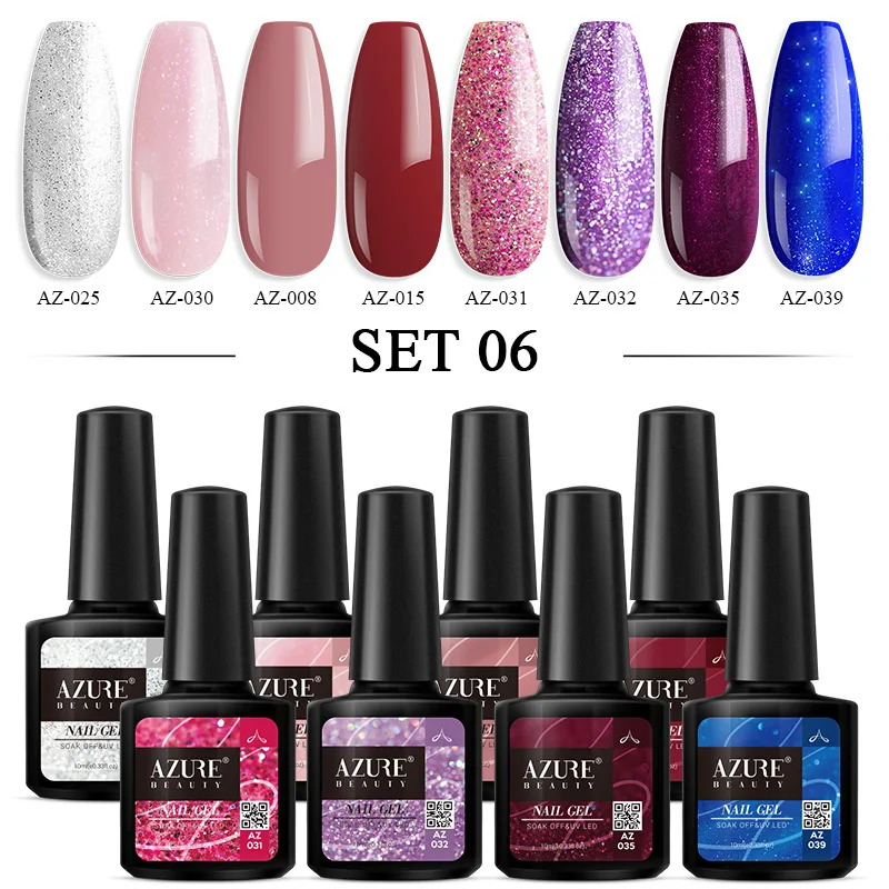 06 Azure beauty 8 шт./лот Блестящий Гель-лак для ногтей Набор для дизайна ногтей Модный Цветной СВЕТОДИОДНЫЙ Гель-лак впитывающий эмаль стойкий лак - Цвет: 06