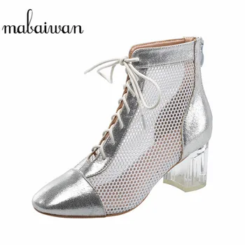 

Mabaiwan Women Summer Ankle Boots Gladiator Mesh Hole Hollow Out High Heel Sandals Women Female Lace Up Short Breathable Shoes