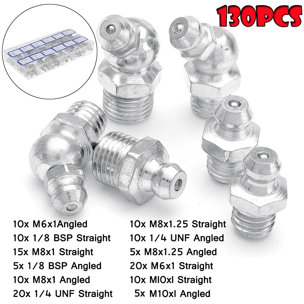 130Pcs Hydraulic Grease Nipples Imperial BSP UNF M6 M8 M10 45&deg; Galvanized Metal Grease Nipple Fitting Assortment Kits Fitting