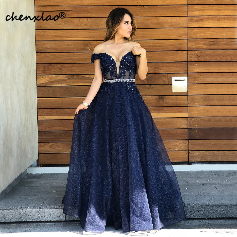 Vestidos темно-синее длинное вечернее платье с открытыми плечами из бисера Кружева Иллюзия А-силуэта очаровательные Выпускные платья