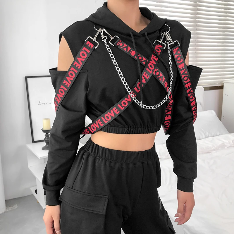 Rapwriter Casual Metal Chain Patchwork Letter Ribbon Long Sleeve Hoodies Women Fall Winter Black Harajuku Pullover Crop Top