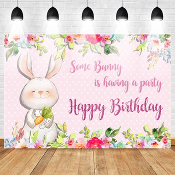 

Neoback Bunny Party Photography Backdrops Happy Birthday Pink Style Background Flowers Girl's Birthday Party Cake Table Decor