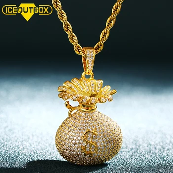 

ICEOUTBOX Money Bag Pendant Necklace Backside Can Be Opened Bling Cubic Zircon Women Men's Hip Hop Jewelry Personality Design