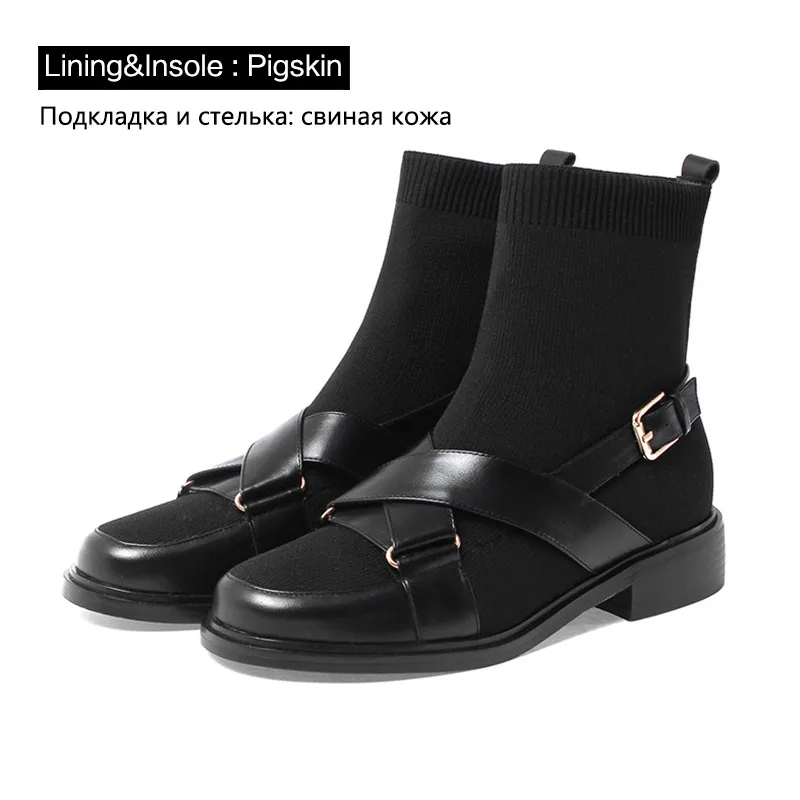 Donna-in/эластичные вязаные зимние ботильоны; женские дышащие ботинки из натуральной кожи; чулки; эластичные слипоны; женская обувь - Цвет: Black pigskin