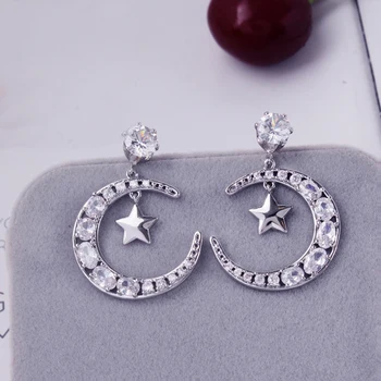 

2019 New Arrival Silver Color CZ Zircon Big Moon Earrings For Women Fashion Luxury Crystal Star Earrings For Women Party Jewelry