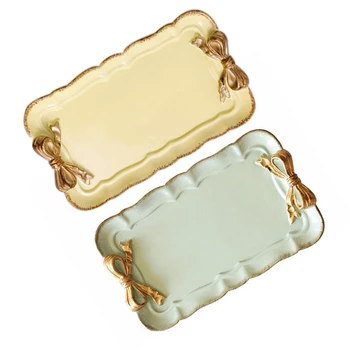 

2 Pcs European Style Bow Cake Storage Trays Makeup Organizer Dessert Plate Square Decor Tray Kitchen Storage Trays 12X20Cm