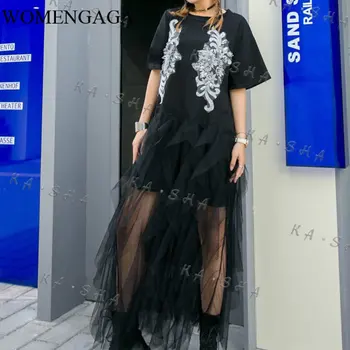 

Loose Summer 2020 New Embroidery Beads Dress Women Trend Fashion Loose Mesh Splicing Dresses Streetwear Women Clothes ZLL4959