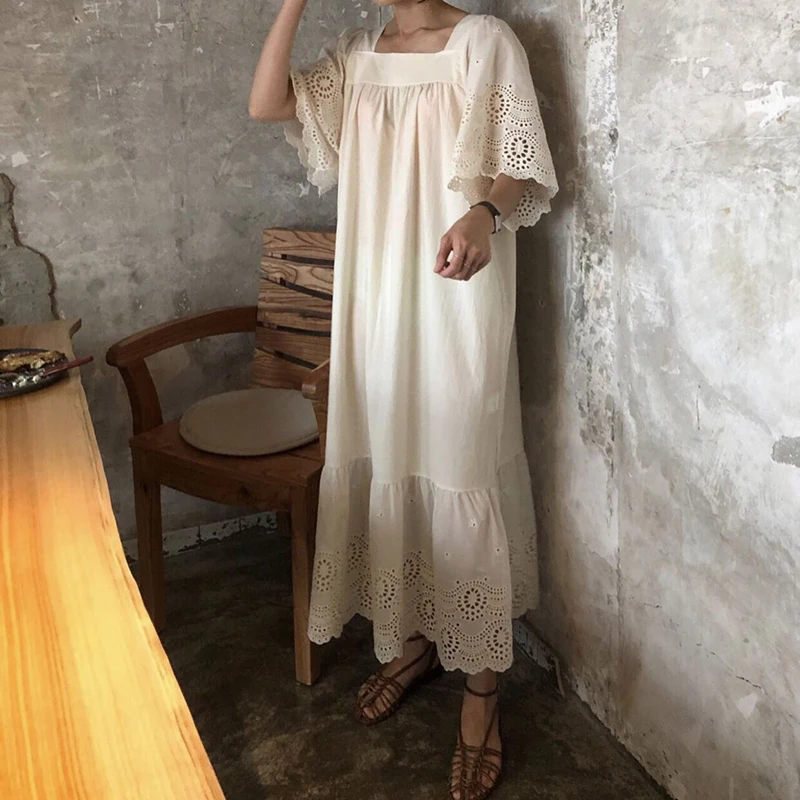 Embroidery Straight Dress Women Hollow Out Cotton Vintage Summer Long Maxi Dress Plus Size Loose Square Neck Flare Sleeve Dress