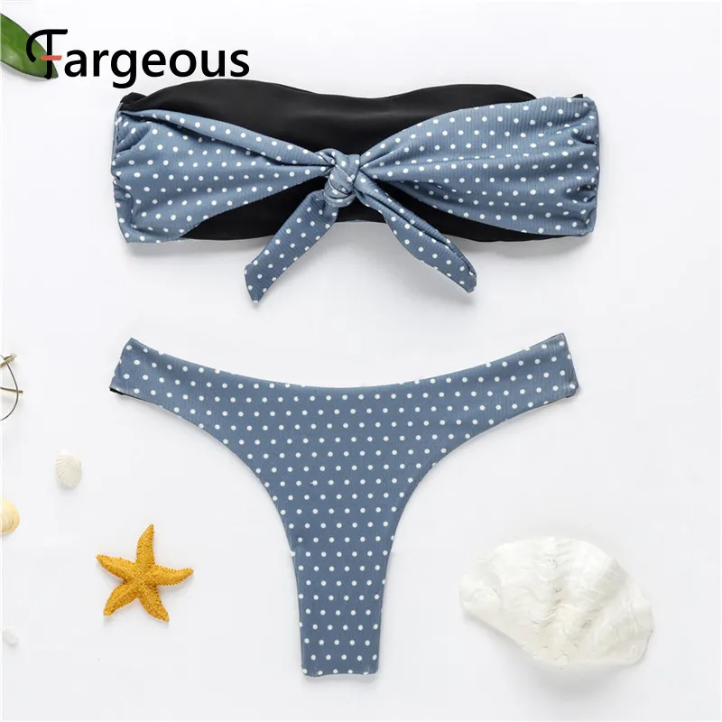 Женский винтажный комплект бикини в горошек бандо с высоким вырезом и бантом