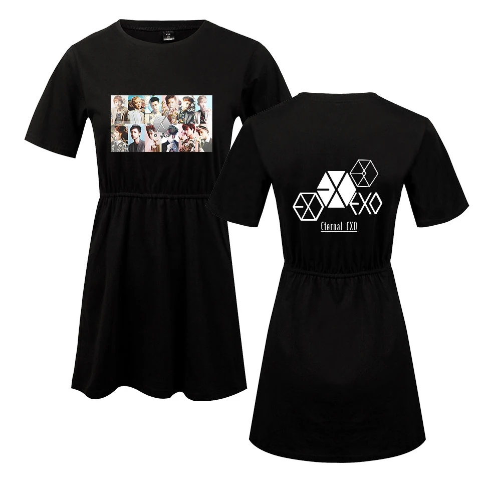 EXO Ablum Платье с принтом женское платье Модное Элегантное летнее платье с круглым вырезом и короткими рукавами халат Femme короткое платье KPOP