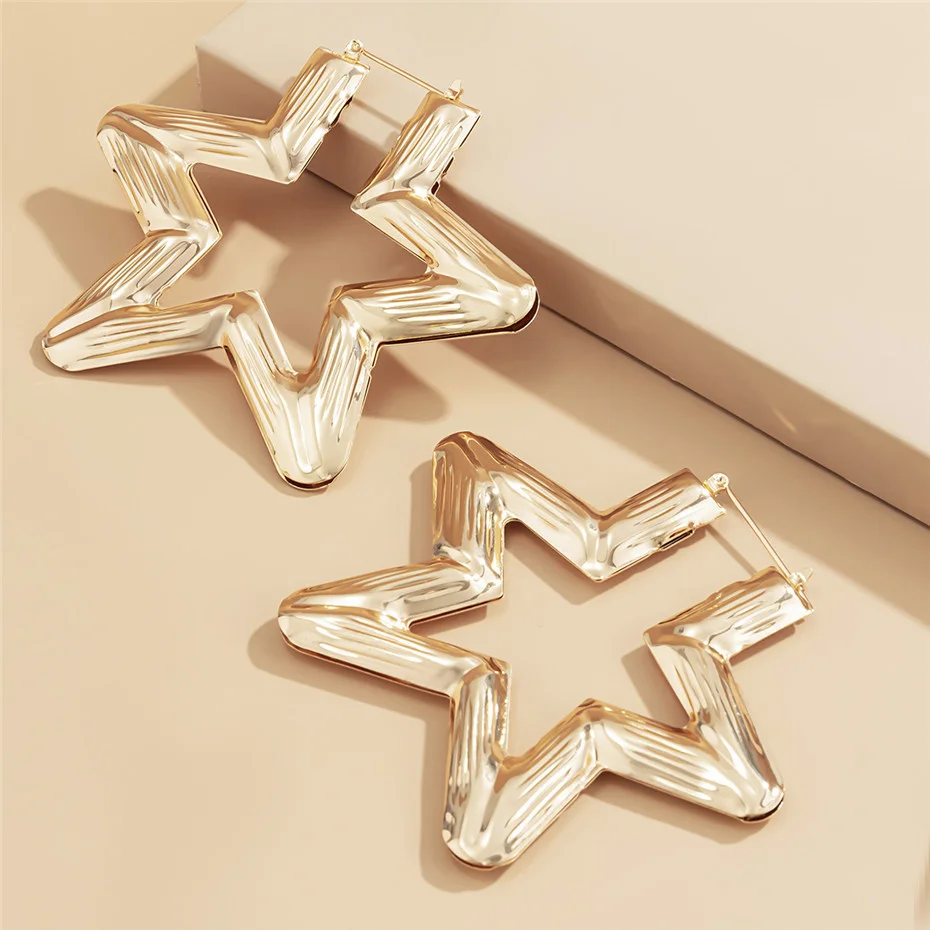 KunJoe 2021 New Punk Gold Color Big Star Hoop Earrings for Women Exaggerated Metal Geometric Earrings For Women Party Jewelry