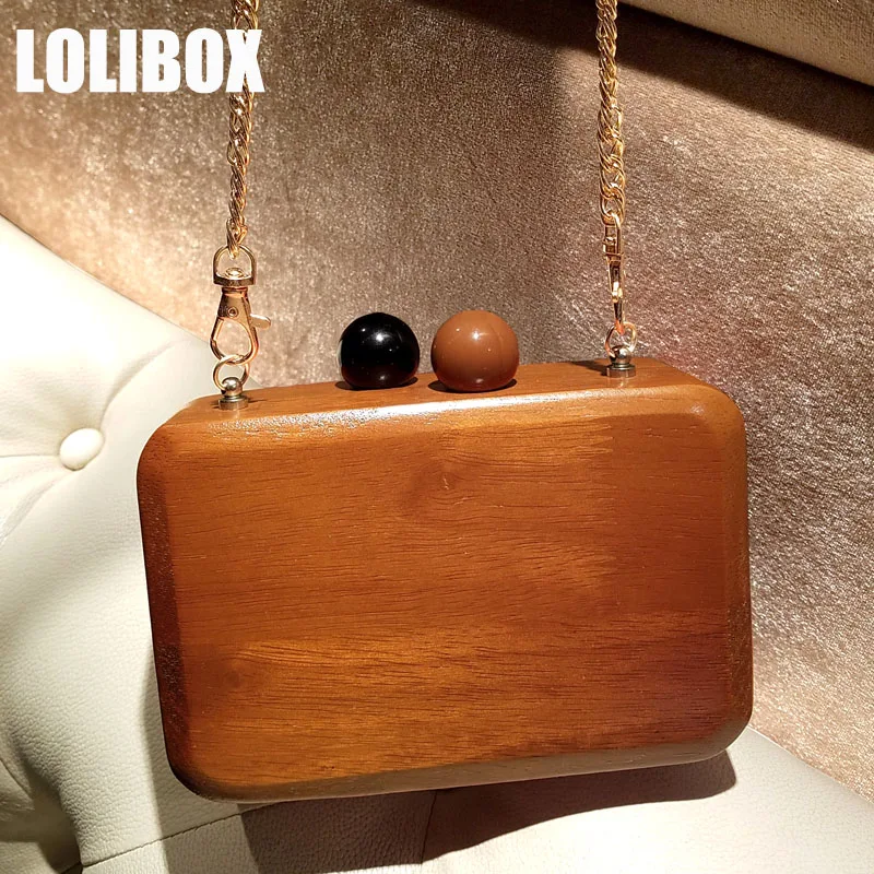 

LOLIBOX Women Clutches Wooden Messenger Bags Magnetic Buckle Day Clutches Evening Bags Ladies Shoulder Bags Chain Clutch Purse