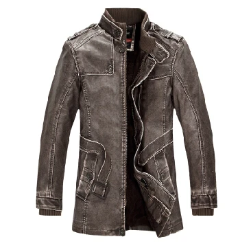 Leather Jacket Men Winter Warm Washed Leather Bomber Motorcycle Jackets Stand Collar Coat Plus Size XXXL 5XL Outwear Parkas - Цвет: Brown