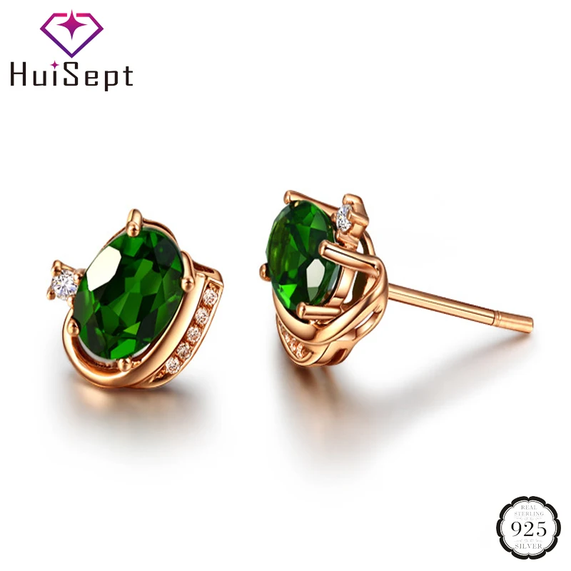 HuiSept Classic Women Earrings 925 Silver Jewelry Oval Shape Emerald Zircon Gemstones Stud Earrings Ornaments Wedding Wholesale