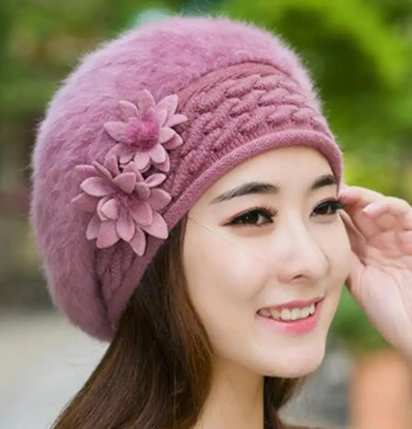 

2020 New Beret Hat Winter Fashion Rabbit Fur Two Flowers Beret Casual Warm Plus Velvet Thick Knit Hat Tide Party Wedding Gift