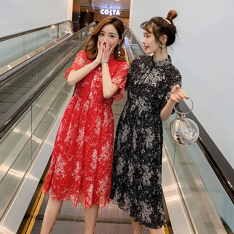 

Maternity Clothes 2019 Summer New Style Korean-style Chiffon Pleated Floral Print Loose-Fit Sweet Pregnant Women Dress