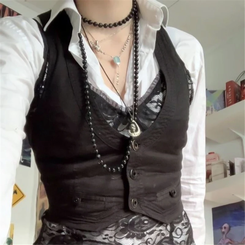 Gothic Y2k Vintage Black Jacket Vest Women Aesthetic Fairycore Grunge Sleeveless Button Crop Tank Tops Harajuku V-Neck Clothing | Женская