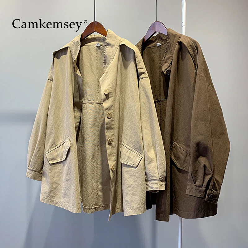 

CamKemsey Autumn Women Loose Tooling Jackets 2019 Spring Long Sleeve Stand Collar Casual Solid Single Breasted Windbreaker Coats
