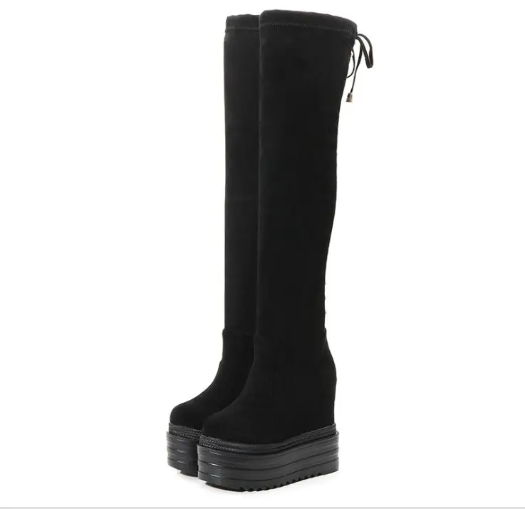 Сапоги выше колена для девочек черные высокие сапоги на танкетке 13 см и высоком каблуке гетры до бедра женские сапоги