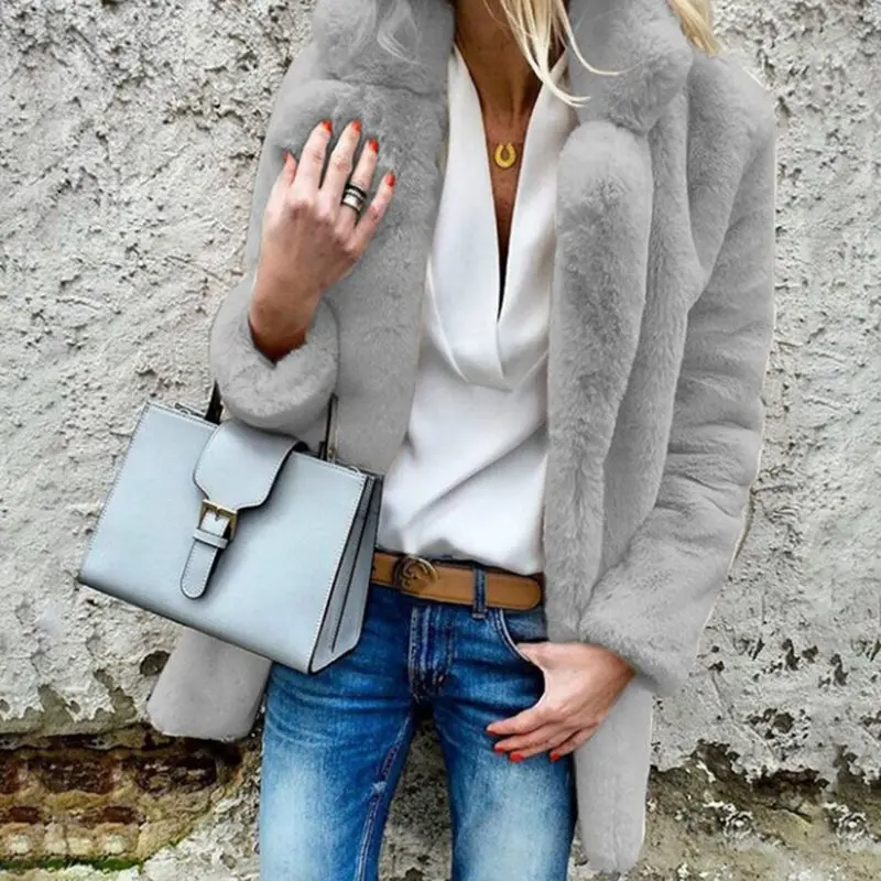 Зимнее женское модное высококачественное пальто из искусственного меха, роскошное длинное Свободное пальто с отворотом, толстое теплое женское плюшевое пальто больших размеров