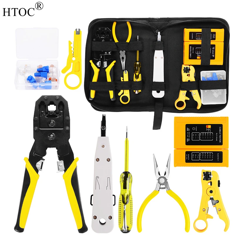 HTOC RJ45 RJ11 RJ12 Network Repairing Plier Tool Kit with Cable Tester Wire Stripper Spring Clamp Crimping Tool Crimping Pliers