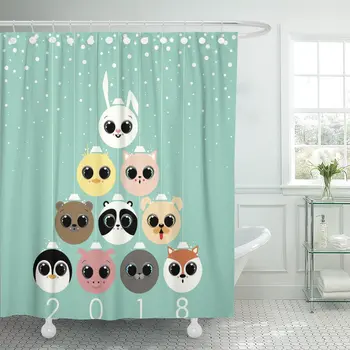 

Christmas Tree Made by The Balls with Animals Faces Rabbit Duck Cat Bear Panda Puppy Dog Penguin Pig Seal Shower Curtain Waterpr