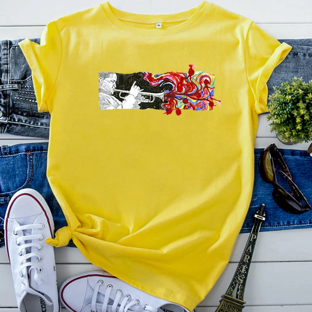 Music Jazz Mixed Media T Shirts Personality Printing T-Shirts For Woman Cotton Hip Hop Women Tshirt Fashion Vintage Tee Shirts