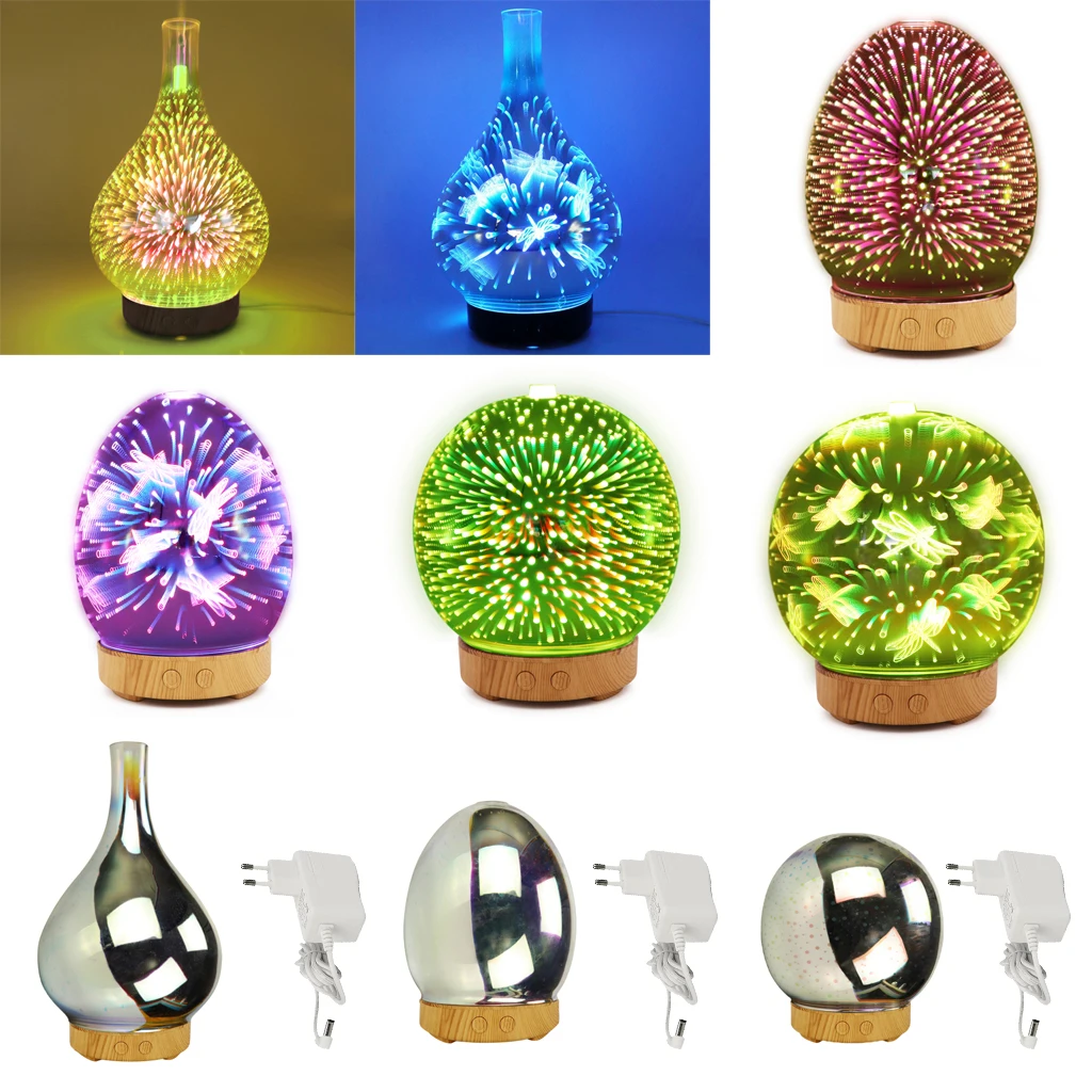 3D Fireworks Glass Vase Shape Air Humidifier with LED Night Light Aroma Essential Oil Diffuser Mist Maker Ultrasonic Humidifier