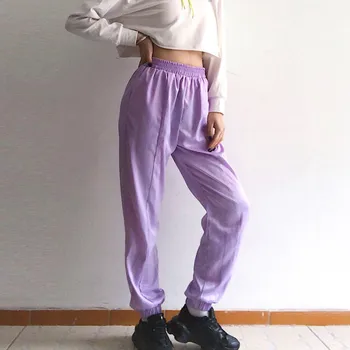 

MERMAID SCALE Purple Cargo Pants Women's Elastic Waist Side Pocket High Waist Casual Loose Trousers Solid Color Female Trousers
