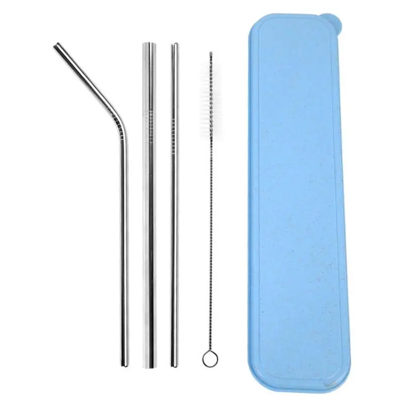 5pcs Colorful Stainless Steel Reusable Drinking Straw Bent Straight Drink Straws with Cleaner Brush - Цвет: Синий