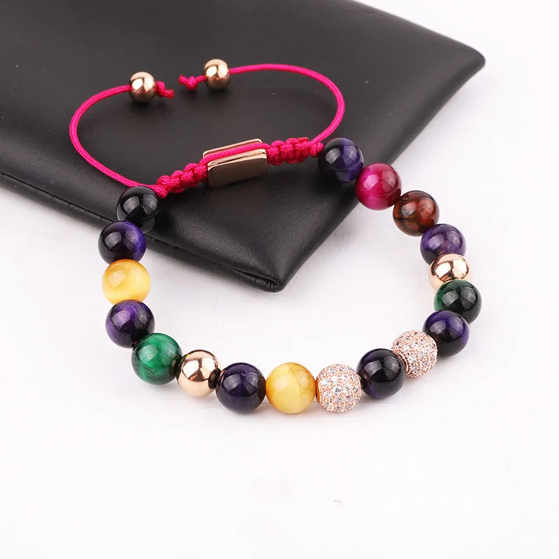 Jaravvi High Quantity 8mm Natural Stone Tiger Eye Crystal CZ Ball Cord Adjustable Macrame Bracelet For Women Men - Image 3