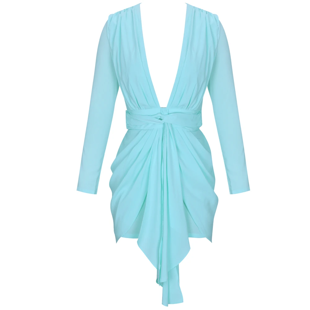 

Light Green V Neck Long Sleeve Mini Lace Up Bodycon Dress HI1059-Light-Green