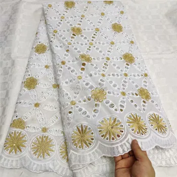 

White/Gold African 100% Cotton Lace Fabric 2019 Latest Swiss Voile Lace In Switzerland With Stones For Men Women Party Dress QZS