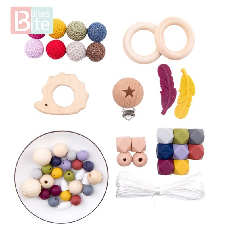 Brown Hedgehog Set 1 Набор, детский Прорезыватель для зубов, сделай сам, силиконовая соска с бусами, цепочка с зажимом, детский мобильный шерстяной шар, BPA бесплатно, деревянные вязаные бусины, Прорезыватель для зубов - Цвет: Brown Hedgehog Set