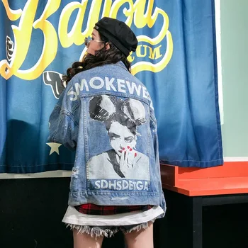 

OUSHANG Loose Denim Jacket Back Character Letter Print Punk Style Oversize Coat Chic Korean vintage Jean Jacket New Women