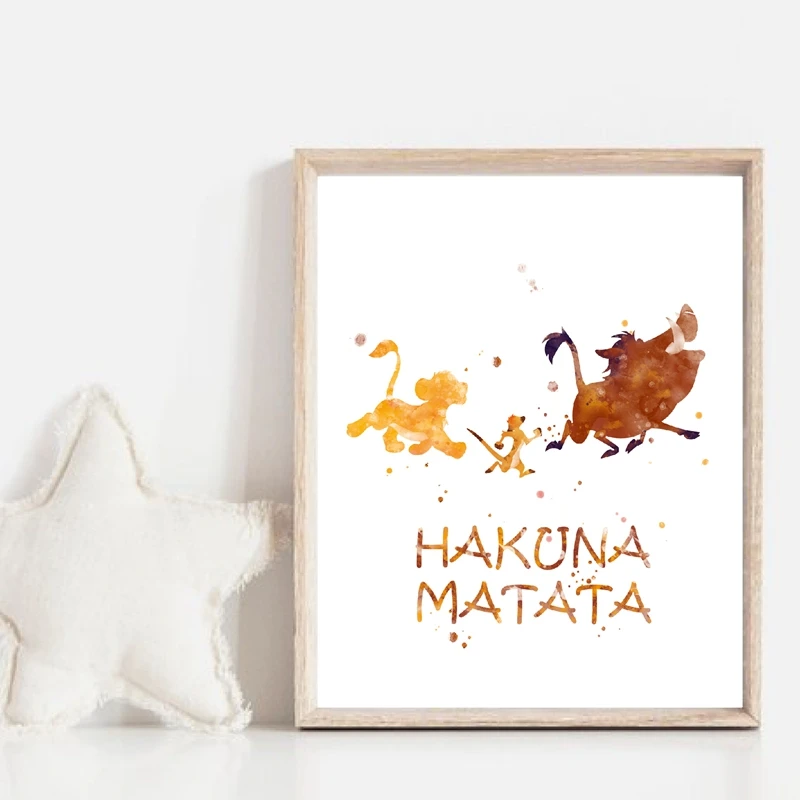 Hakuna Matata с акварельным принтом, настенный арт, Pumbaa Timon, Simba, холст, плакат, Король Лев, художественная живопись, детские подарки, домашний декор стен